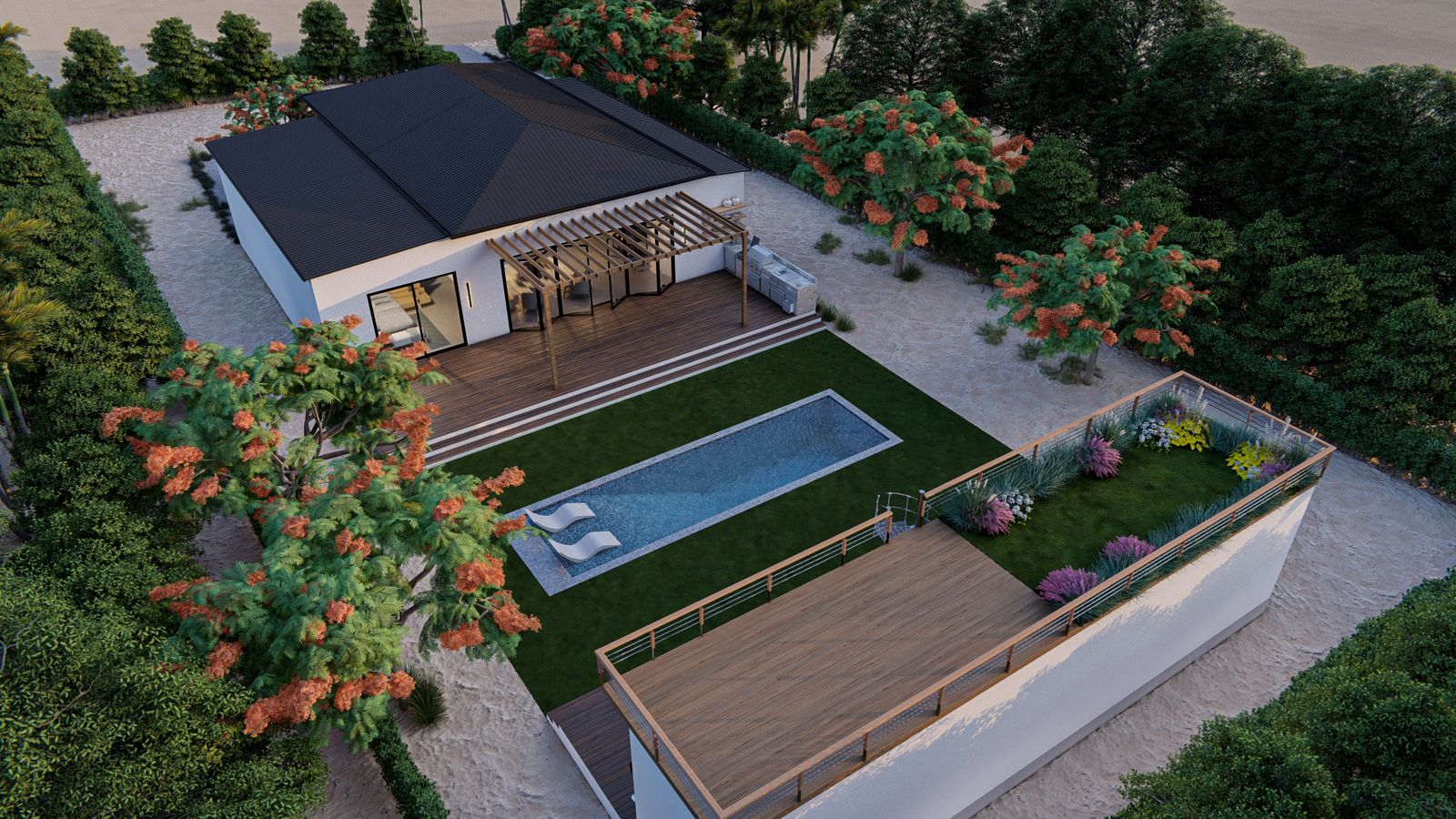 Aerial view from the rear showing the roof, deck, and pool