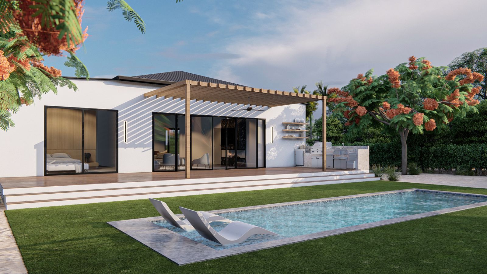 Pool and pergola deck with the home behind, under palm trees