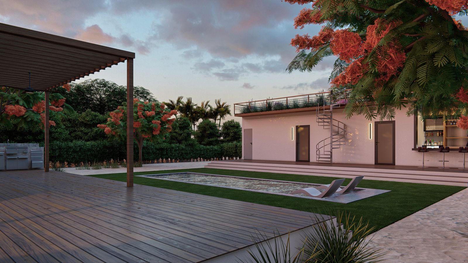 Pergola deck at dusk with outdoor kitchen and spiral stair to the roof