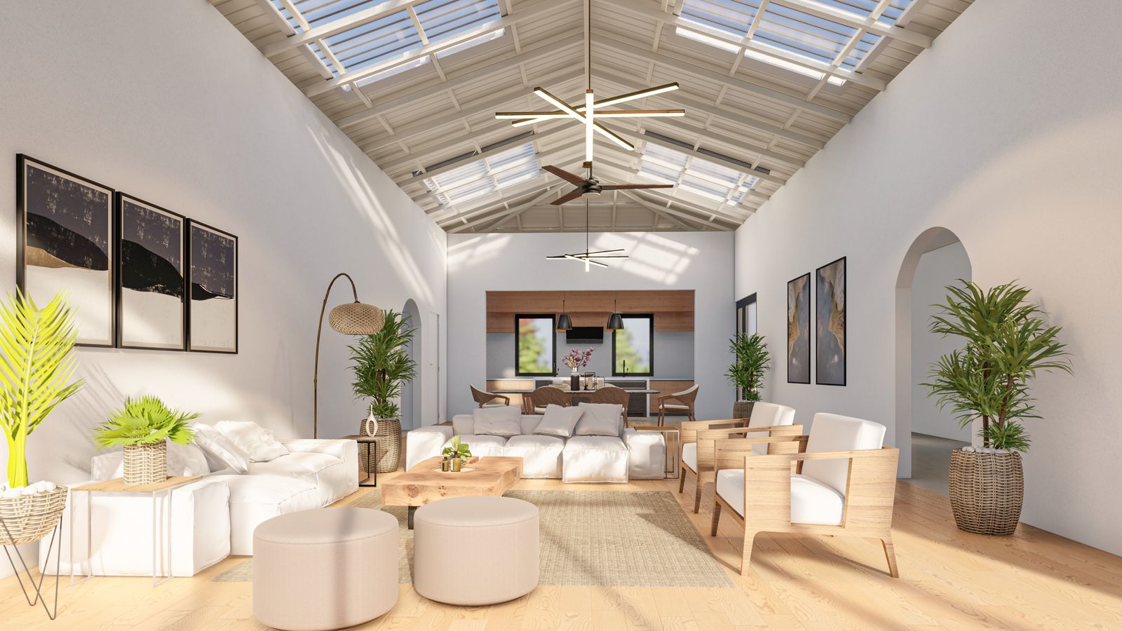 Skylit great room with white sectional and rattan chairs
