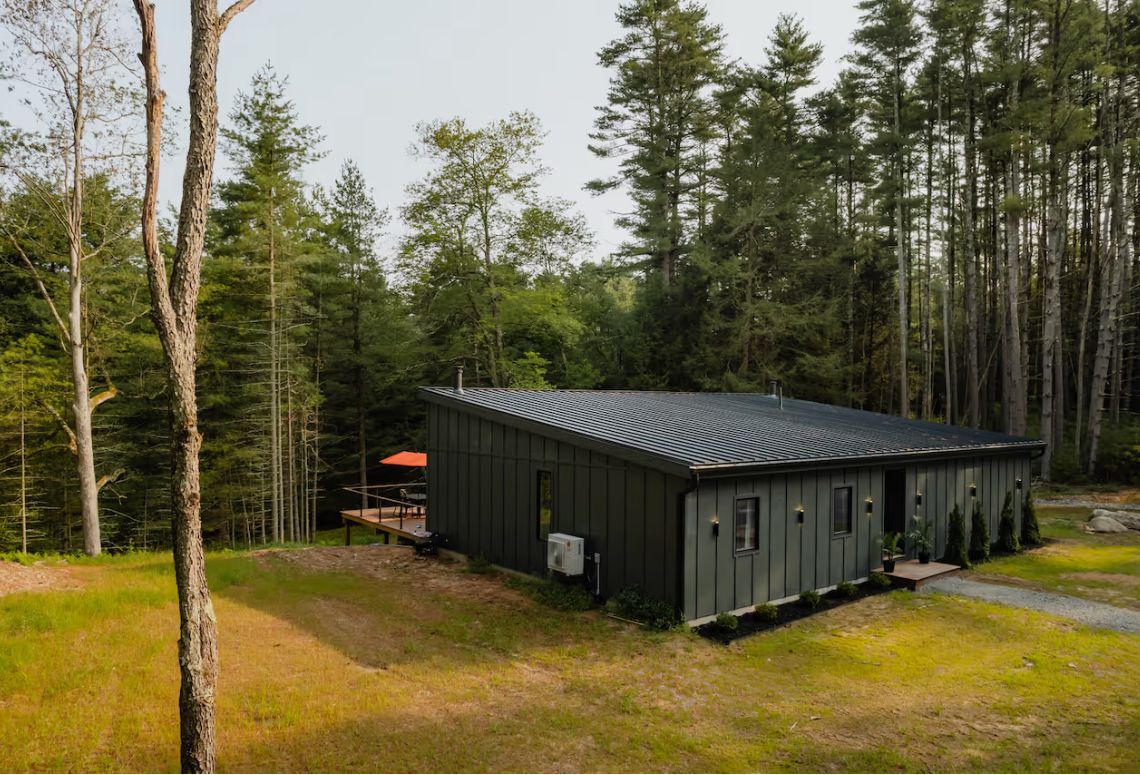 The house seen from the woods, low and dark among the pines